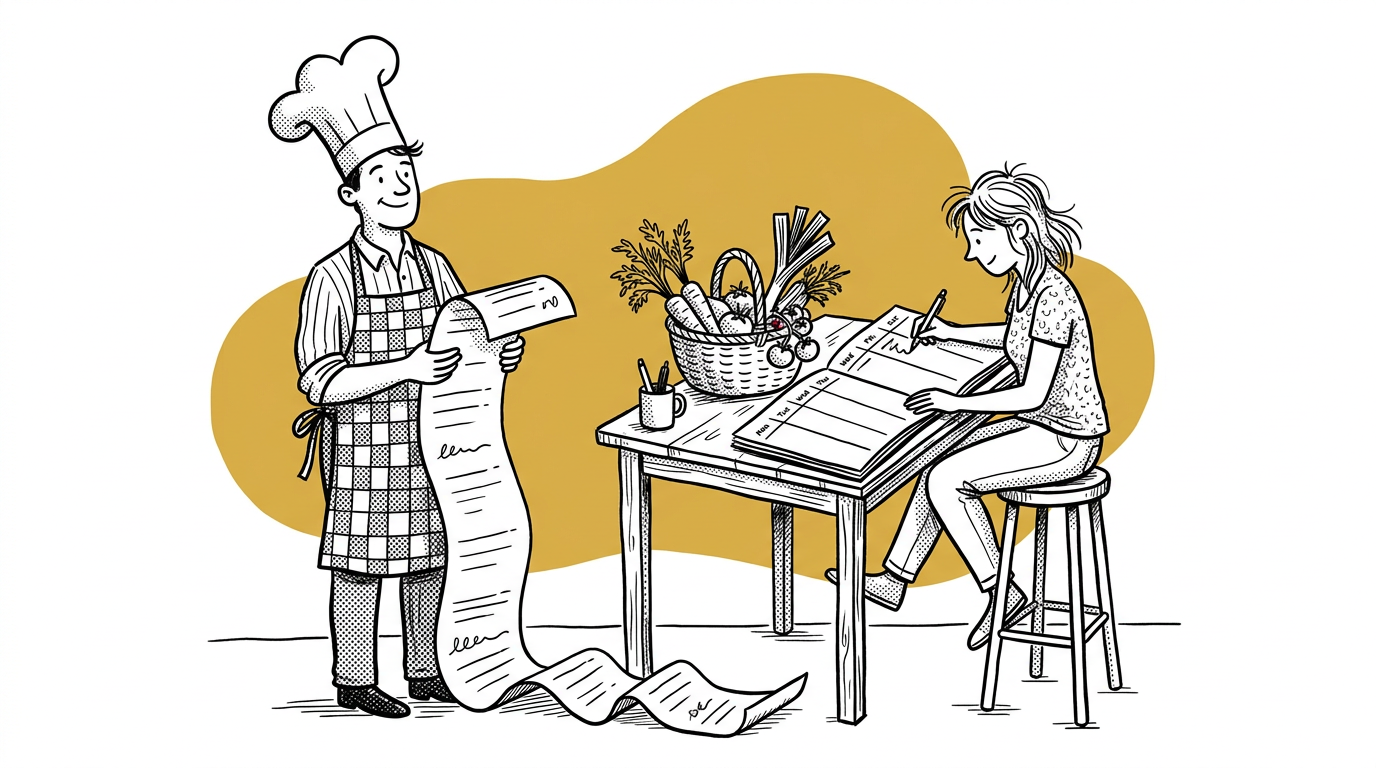 Illustration of a chef holding a long paper list while a second person writes in a weekly planner beside a basket of vegetables