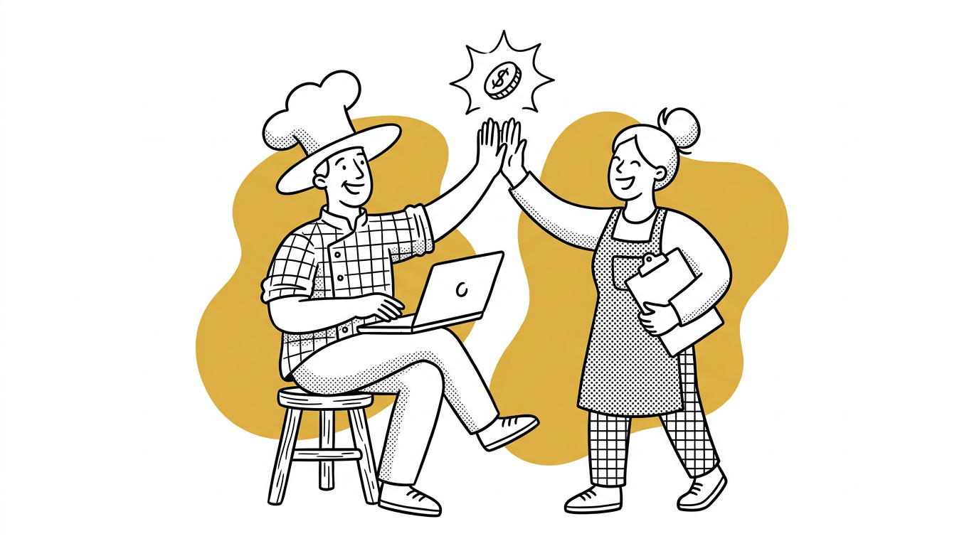 Illustration of two people high-fiving, one seated with a laptop and a chef's hat, the other holding a clipboard